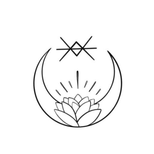 a tattoo designed for Wickedly Immortal, this image depicts a crescent moon with a lotus flower and protection sigil