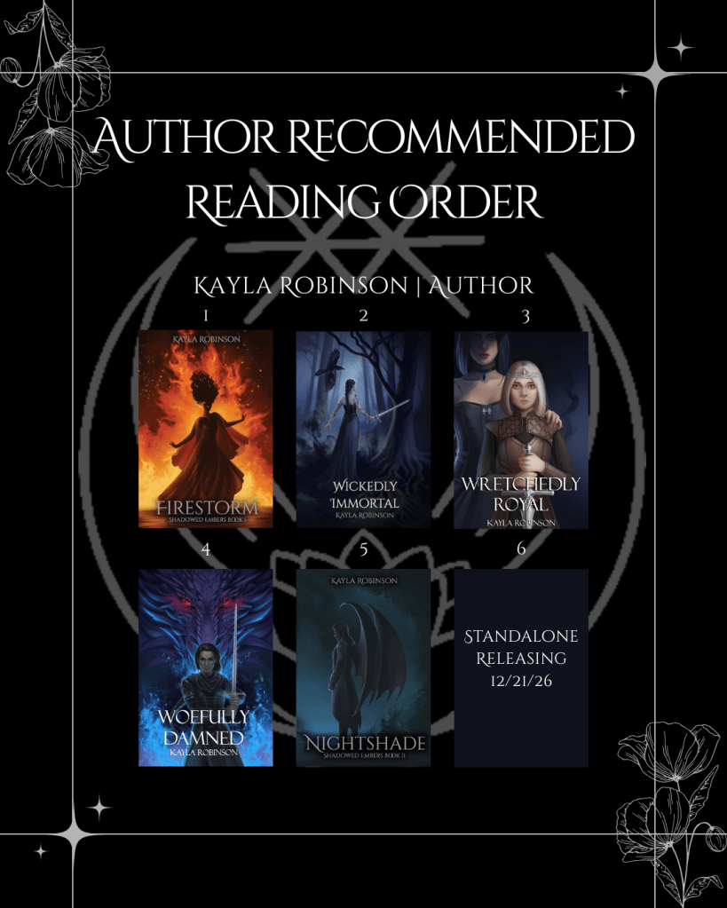 author recommended reading order graphic - Firestorm: Shadowed Embers Book 1, Wickedly Immortal, Wretchedly Royal, Woefully Damned, Nightshade: Shadowed Embers Book 2