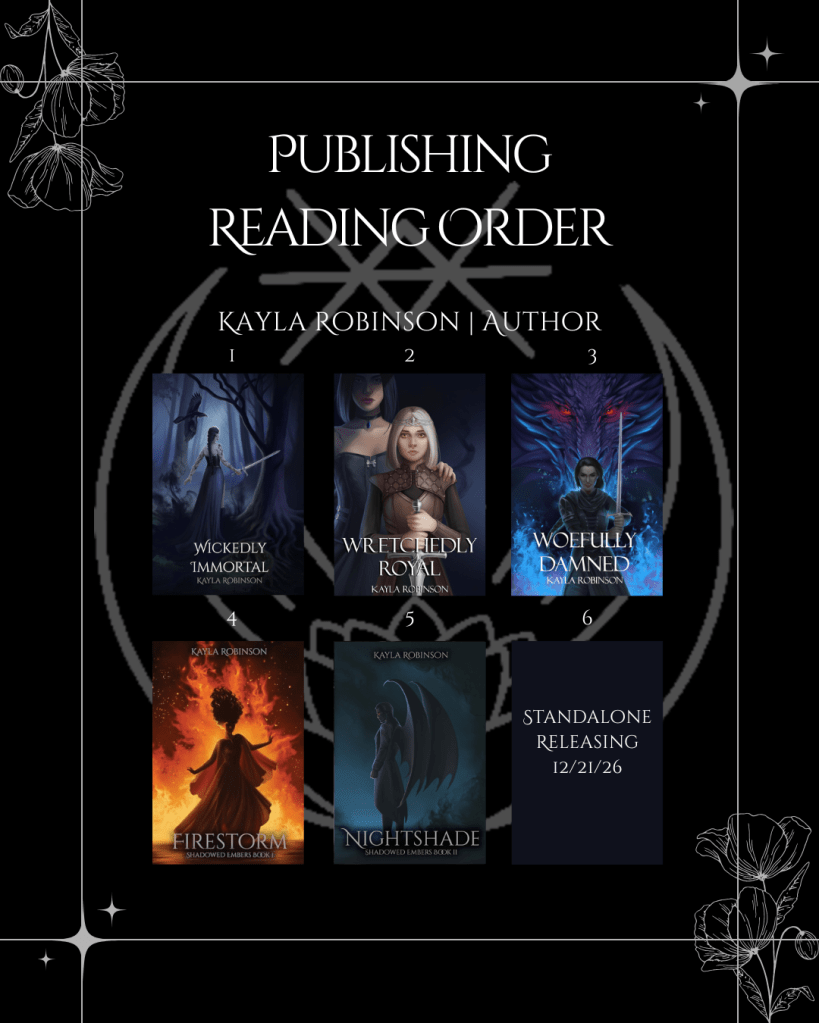publishing reading order graphic - Wickedly Immortal, Wretchedly Royal, Woefully Damned, Firestorm: Shadowed Embers Book 1, Nightshade: Shadowed Embers Book 2