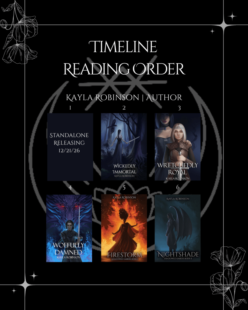 timeline reading order graphic - Wickedly Immortal, Wretchedly Royal, Woefully Damned, Firestorm: Shadowed Embers Book 1, Nightshade: Shadowed Embers Book 2