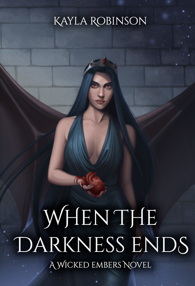 cover of When the Darkness Ends, depicting the main character, Nyvara, holding a human heart in her hands. She has a crown with bloodstone crystals and bat wings.